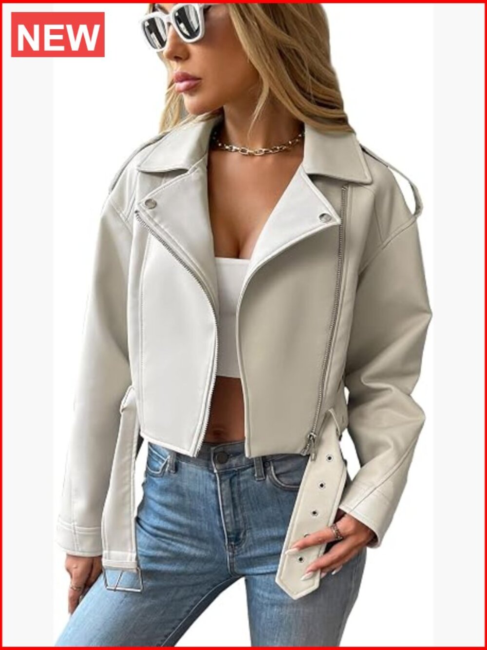 Faux Leather Cropped Motor Biker Coat with Belt